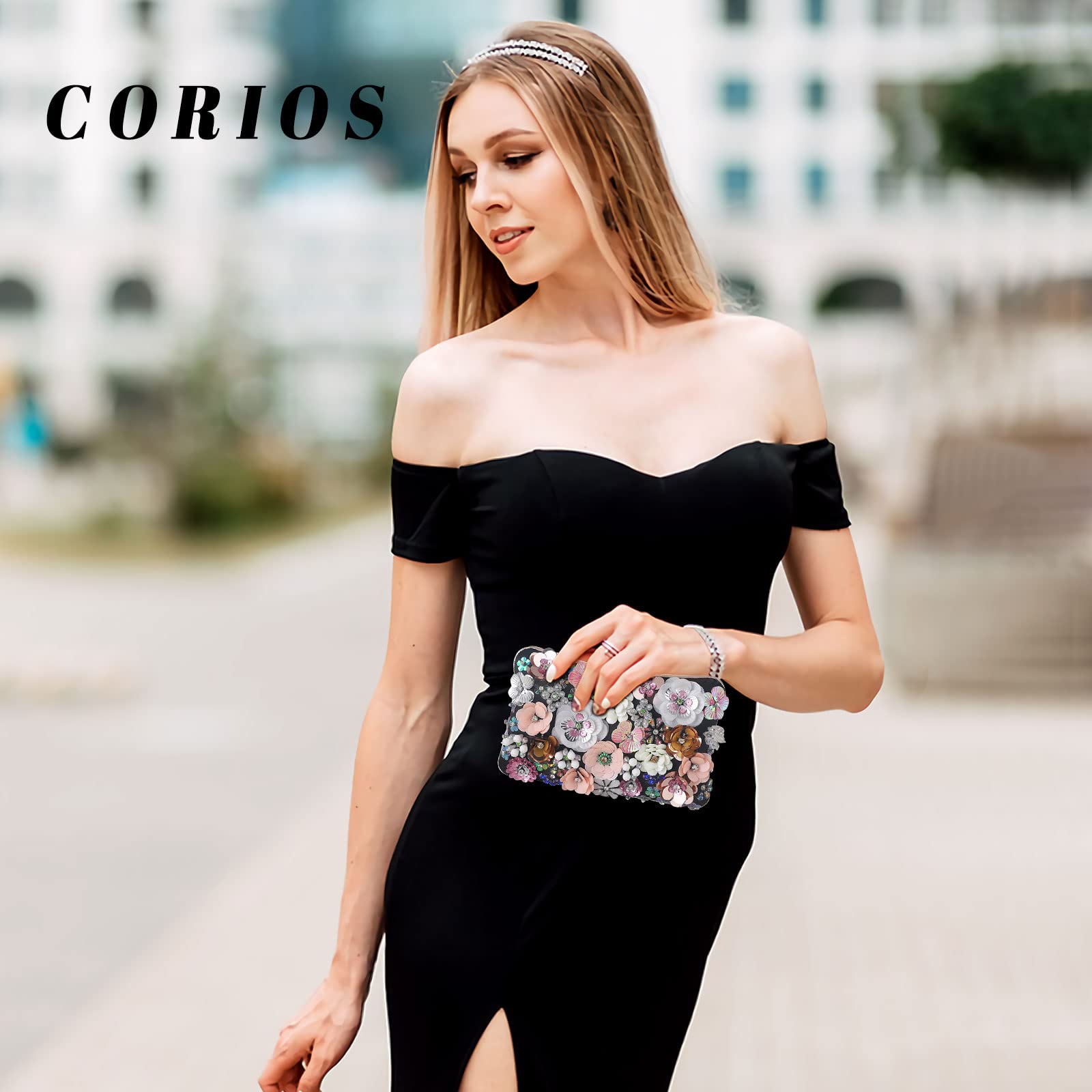CORIOS Damen Blumen Abendtasche Shiny Strass Clutch Tasche Hochzeit Bag Kette Handtasche Elegante Schultertasche Perle Umhängetasche für Hochzeit Abschlussball Bankett-Party Schwarz