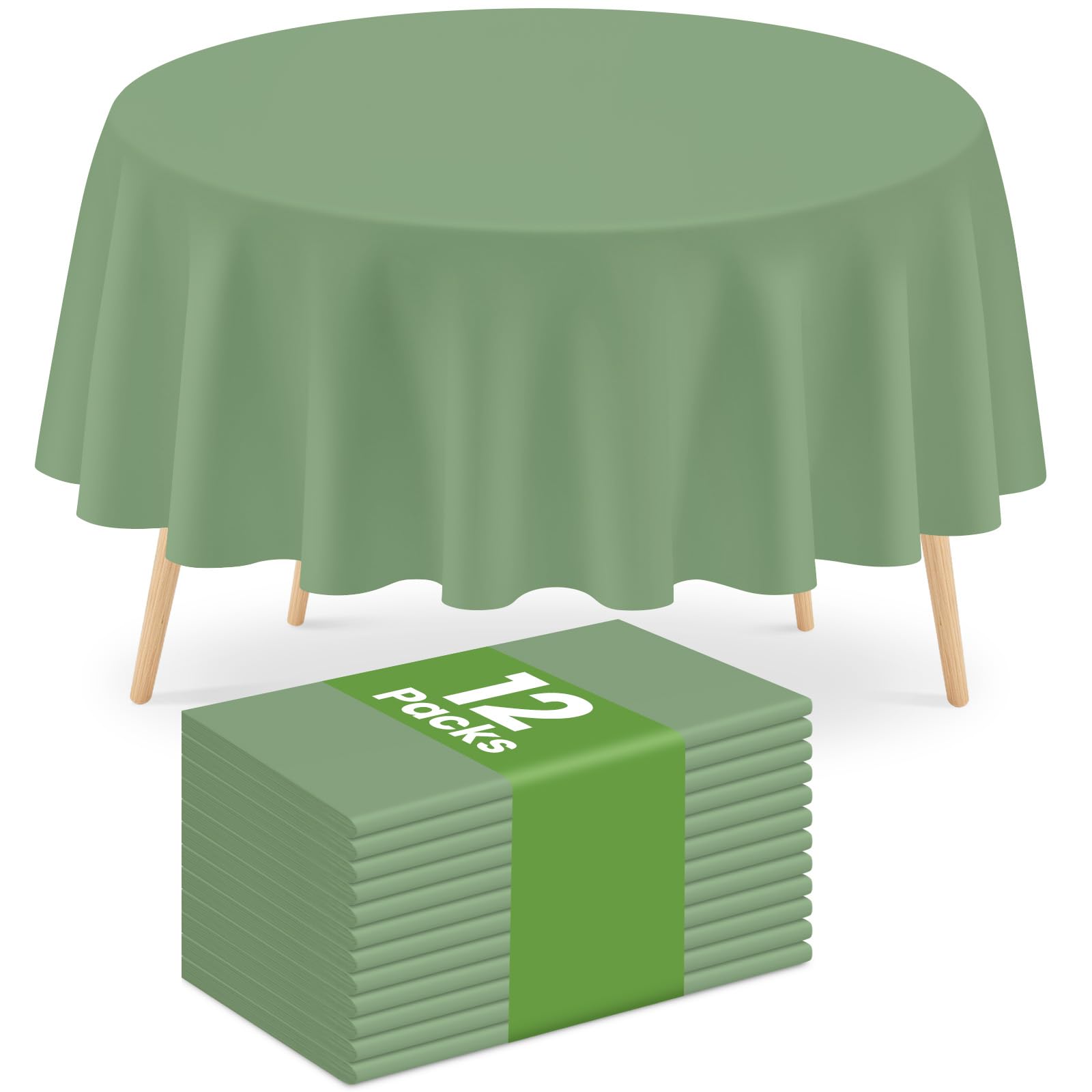 Mulbozy 12 Pack Sage Green Round Tablecloth, 84 Inches Plastic Table Cover