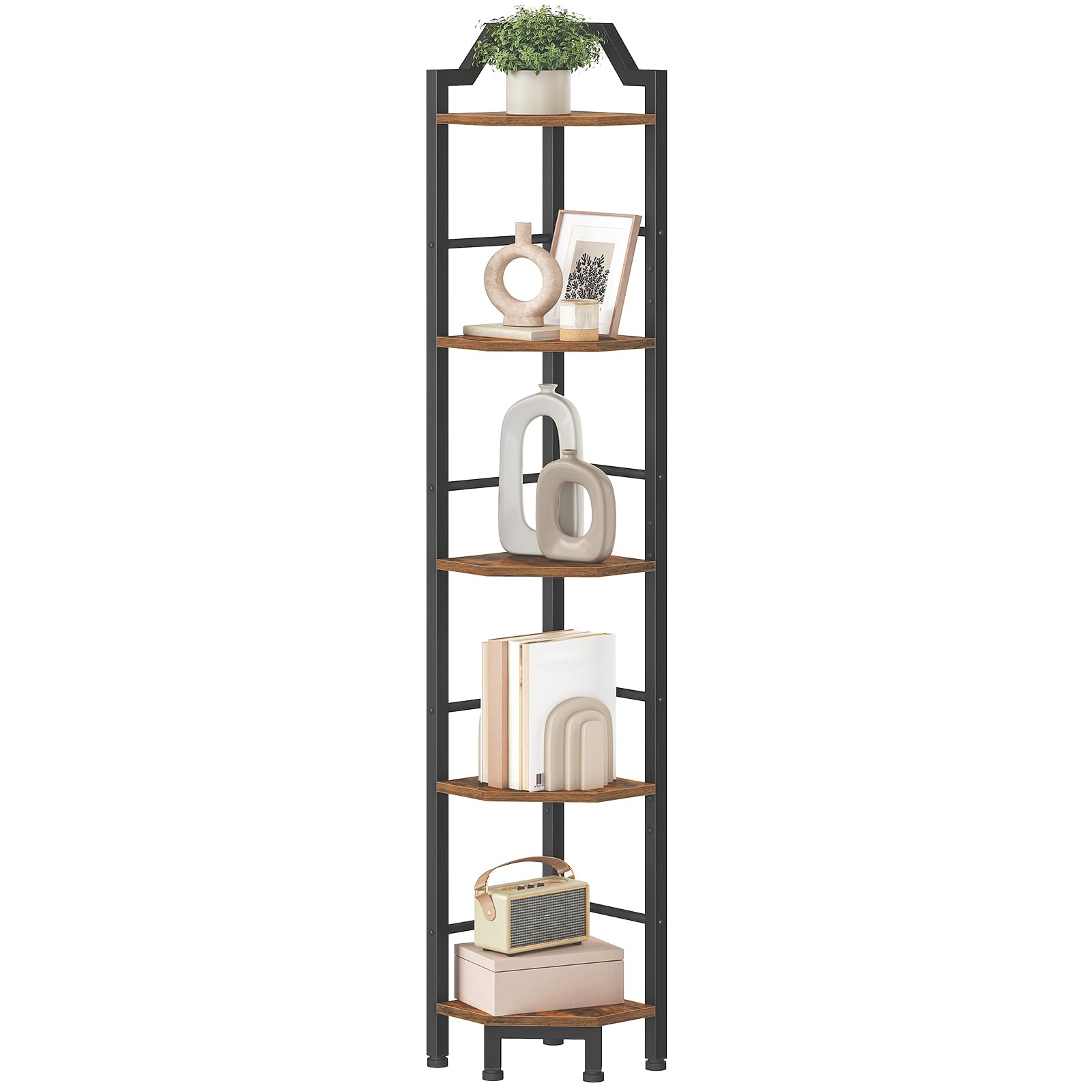 HOOBRO Scaffale Angolare a 5 Ripiani, Libreria Verticale da Angolo, Libreria Scaffale per Soggiorno, Camera da Letto, Studio, Cucina, Marrone Vintage e Nero EBF100CJ01