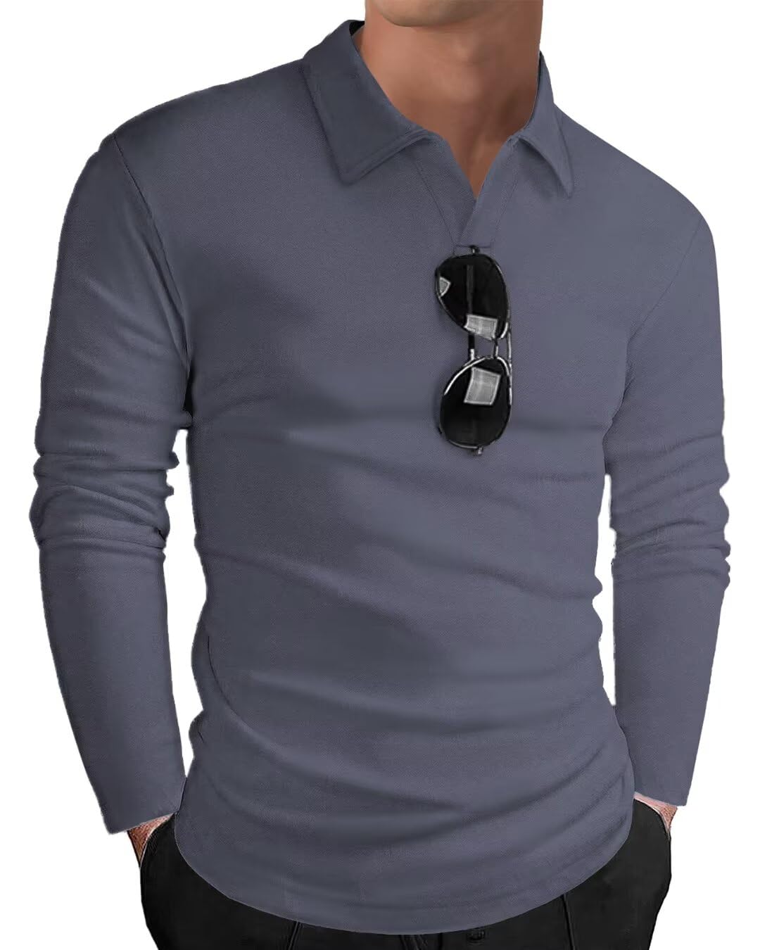 HMIYA Poloshirt Herren Langarm Baumwolle Langarmshirt Sweatshirt V-Ausschnitt Casual T-Shirts