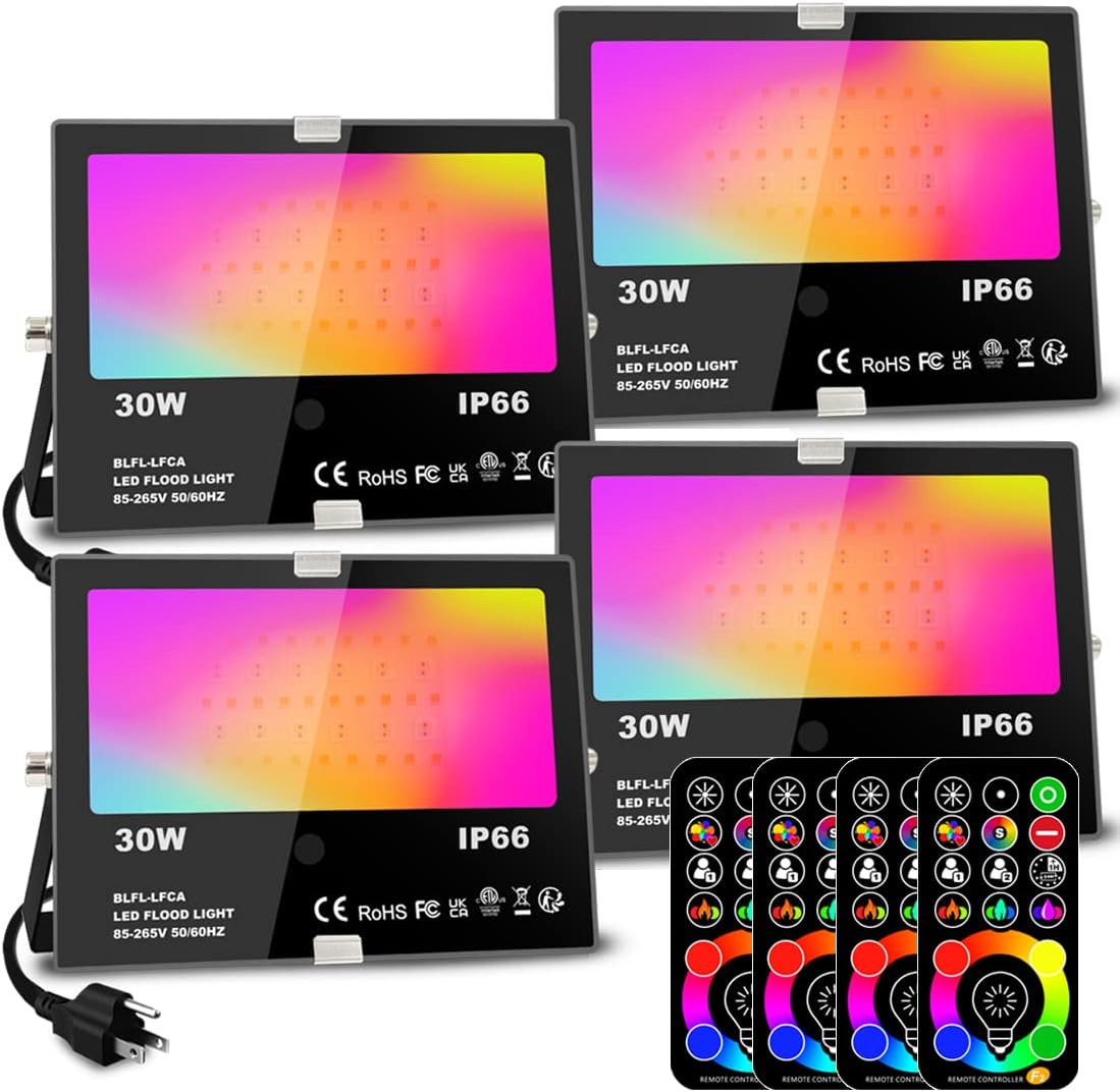 MELPO 30W Led Flood Light Outdoor 300W Equivalent, Color Changing RGB Lights with Remote, 120 RGB Colors, Warm White 2700K, Timing, Custom Mode, Uplight Landscape Lights,IP66 US 3-Plug (4 Pack) Pack of 4