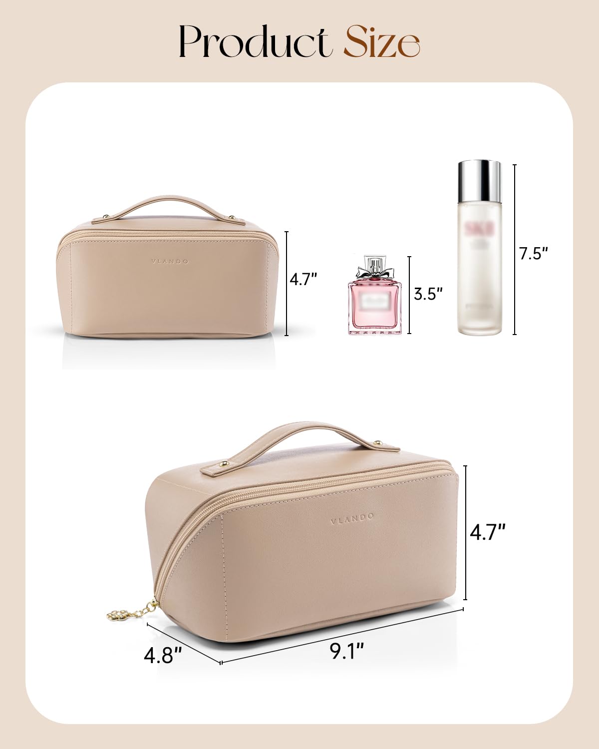 Vlando Reise-Make-up-Tasche, Kulturbeutel für Damen, PU-Leder, offen, flach, Make-up-Tasche, 01. Toffee