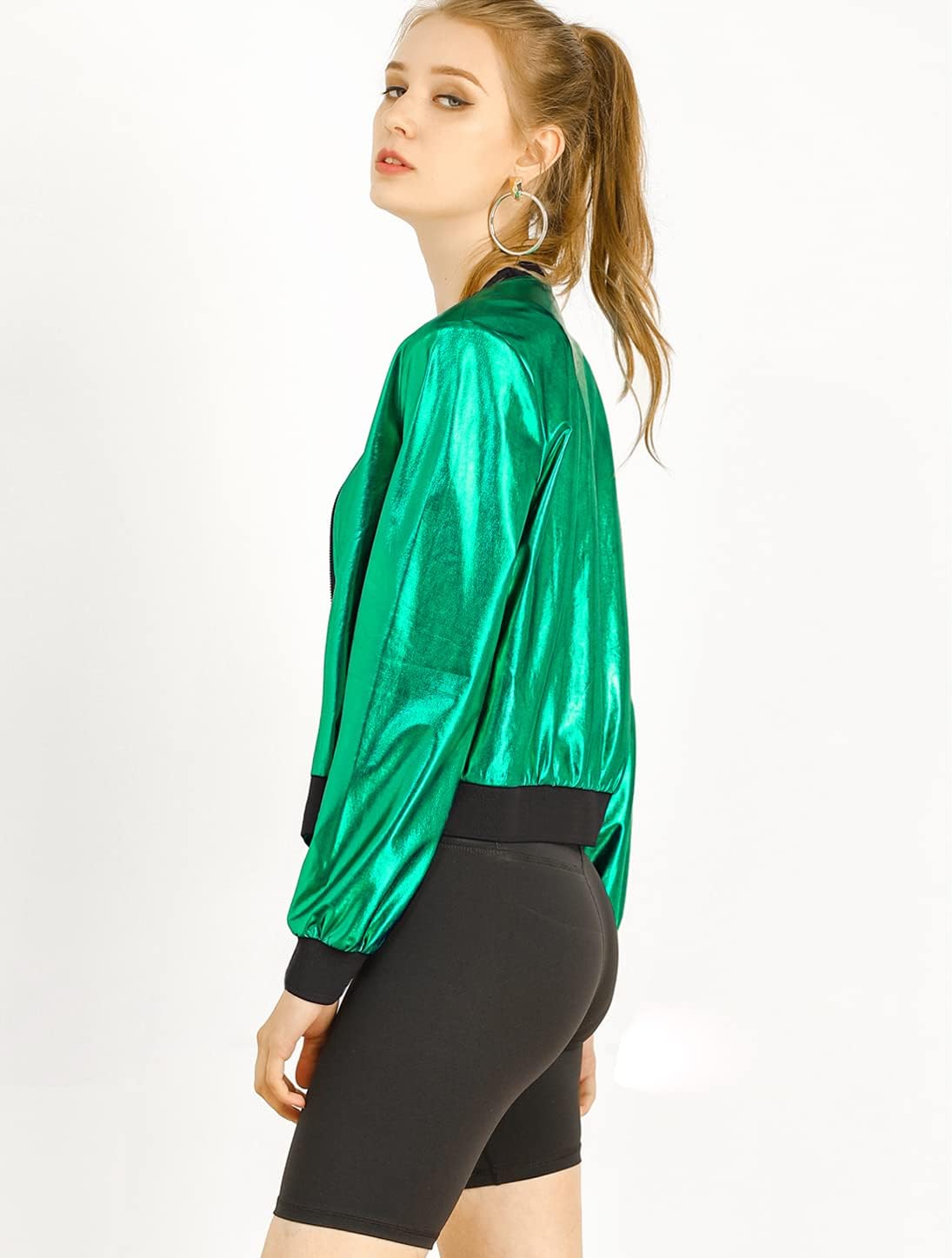 Allegra K Women's Halloween Jacket Sparkly Crew Neck Long Sleeve Holographic Lightweight 90S Shiny Metallic Bomber Jackets Large Green - Image 4