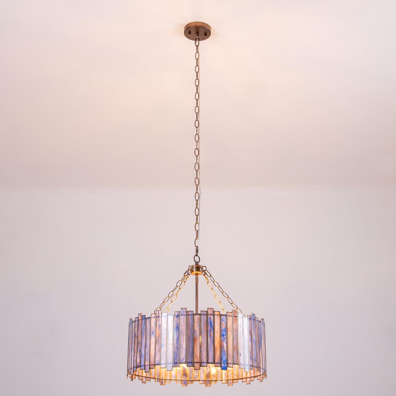 Antique Brass Drum Chandelier 6-Light Modern Tiffany Pendant Lighting Fixture with Stained Blue Glass Shade 20” Round Ceiling Hanging Lamp Bedroom Dining Living Room Kitchen Entry