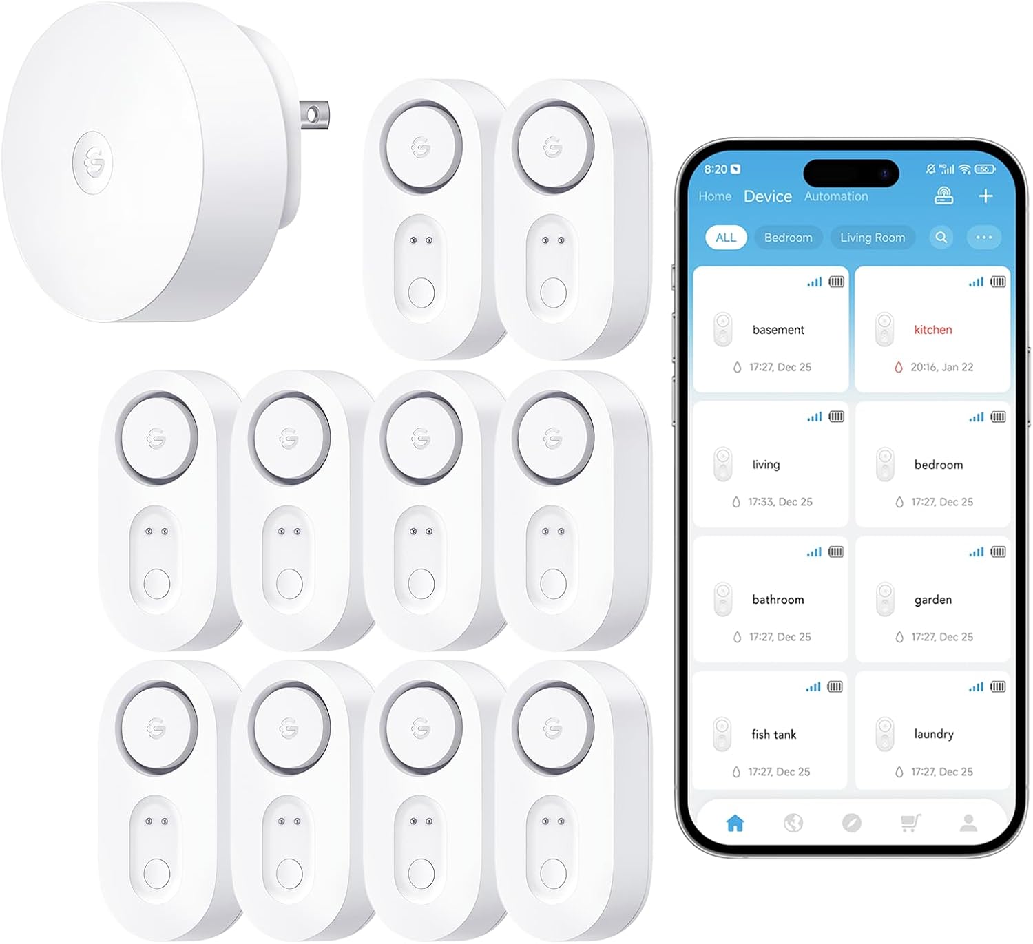 GoveeLife WiFi Water Leak Detector for Home Bundle with sub-Device with 105dB Adjustable Alarm,Water Sensor with 1804ft Long Monitoring Rang GoveeLife WiFi Water Leak Detector for Home Bundle with sub-Device with 105dB Adjustable Alarm,Water Sensor with 1804ft Long Monitoring Rang