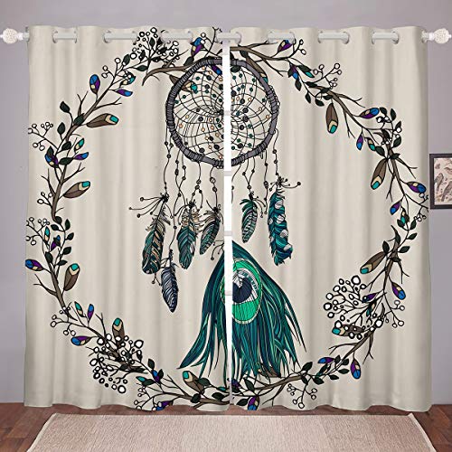 Dreamcatcher Windows Drapes Set Boho Dream Catcher Curtains for Bedroom Living Room for Kids Boys Girls Bohemian Feather Printed Curtains Floral Pattern Room Decoration?38 X 54 Inch?2 Panels