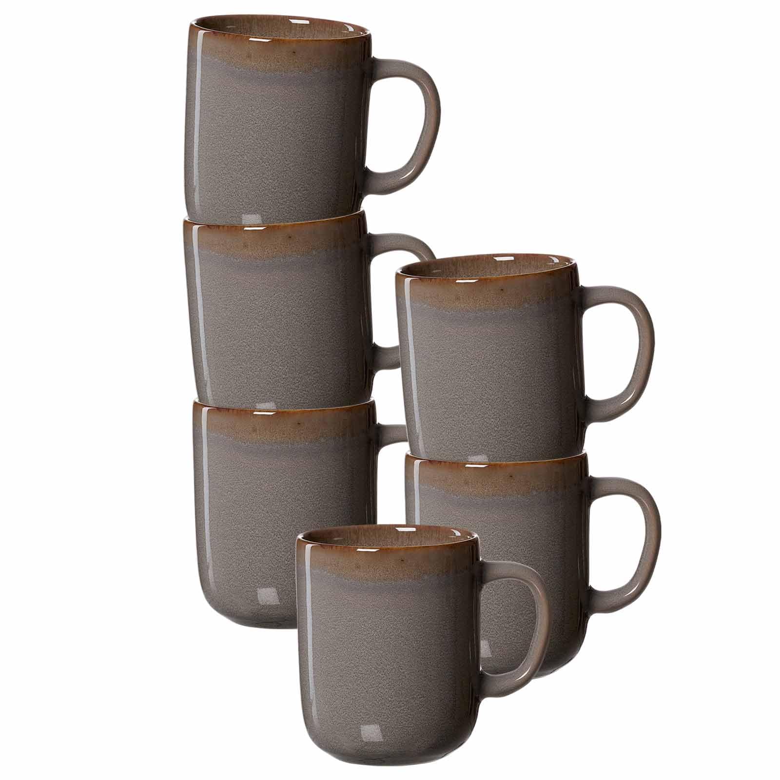Ritzenhoff & Breker Malaga Kaffeebecher-Set 6-teilig, 380 ml, Steingut-Henkelbecher im minimalistischen Stil, Spülmaschinen- & Mikrowellenfest, Grau