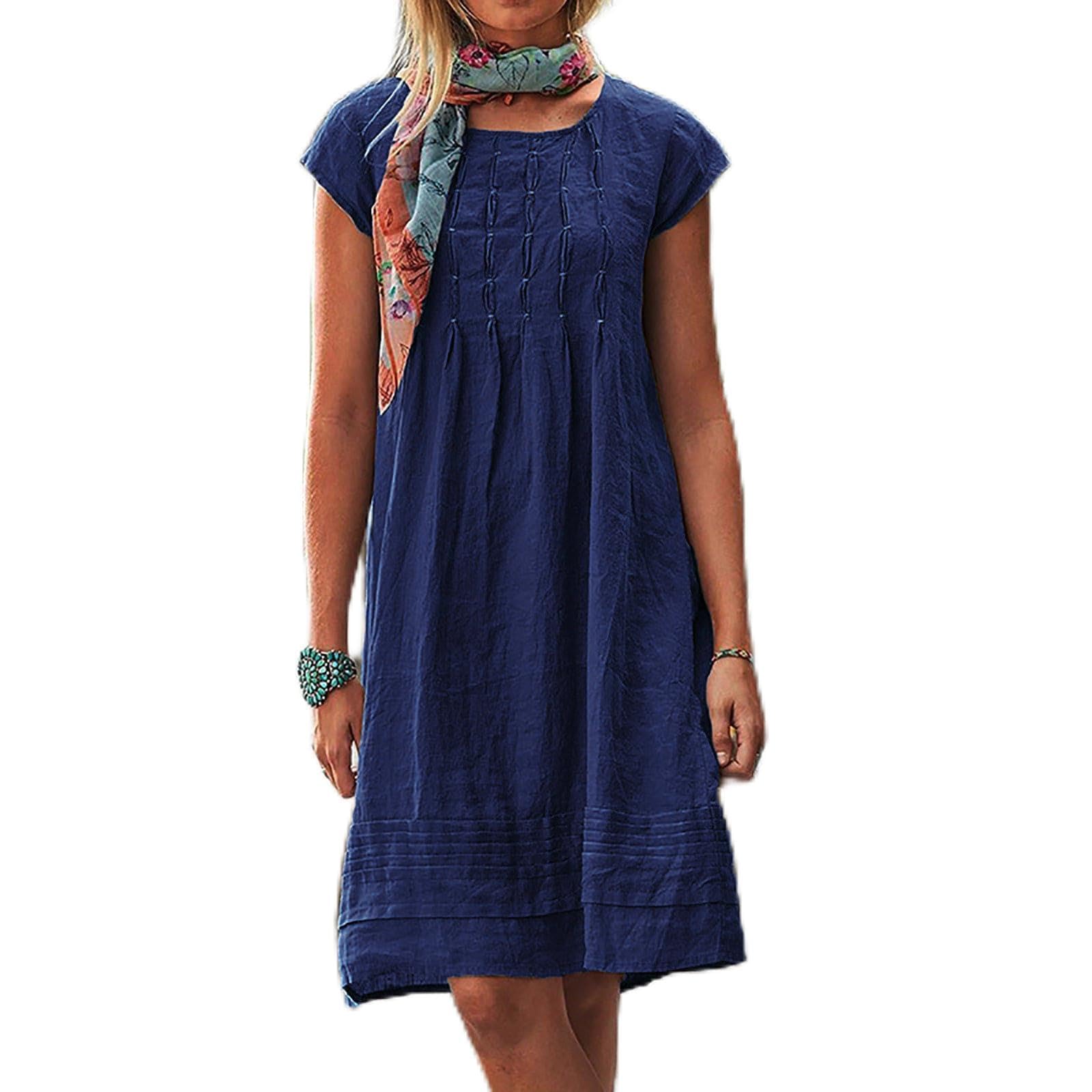 Cotton Dresses Linen Beachwear Summer Shirred Dress Empire Line Wear Muslin Co Ord Smocked Clothing Going Out Coverups Tunic Coords Loose Outfits Curvy Cover Up Ladies Dark Blue 5XL