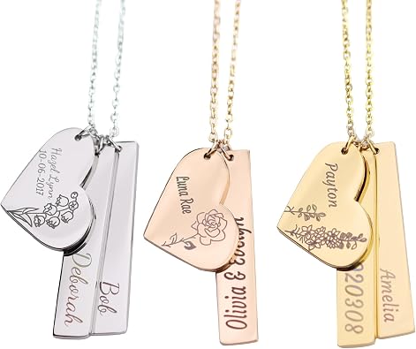 Personalized Bar Charm Necklace with Kids Names and Birth Flowers | Stainless Steel, 18K Gold Plating, Mom Necklace with Kids Names, Custom Gift for Mother Grandma, New Mom Gift