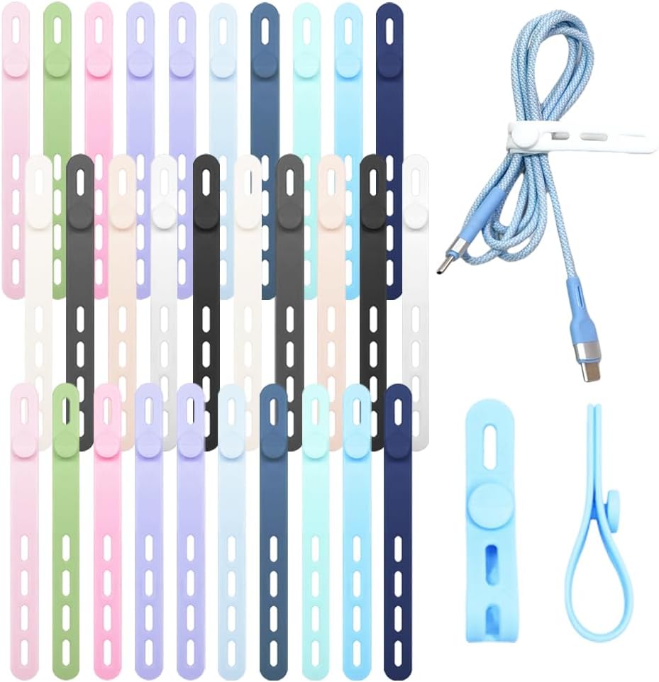 2025 New 30Pcs Reusable Cable Ties, Washable Adjustable Silicone Cable Ties, High Elasticity Cord Ties for Electronics, Home, Office, School, Travel Essential Cord Organizer (30 pcs)