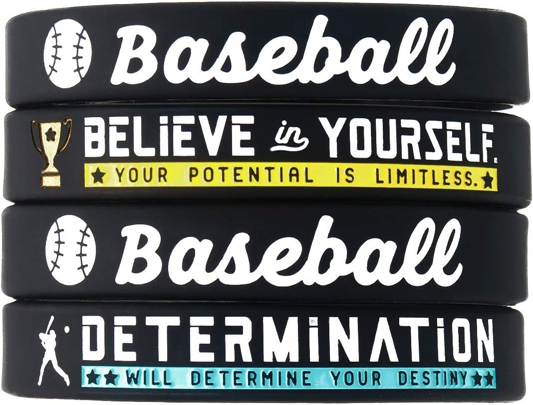 (4-Pack) Baseball Silicone Bracelets with Motivational Sports Quotes - Set of 4 Inspiring Silicone Rubber Wrist Bands - Unisex Baseball Gifts Jewelry Accessories for Men And Women