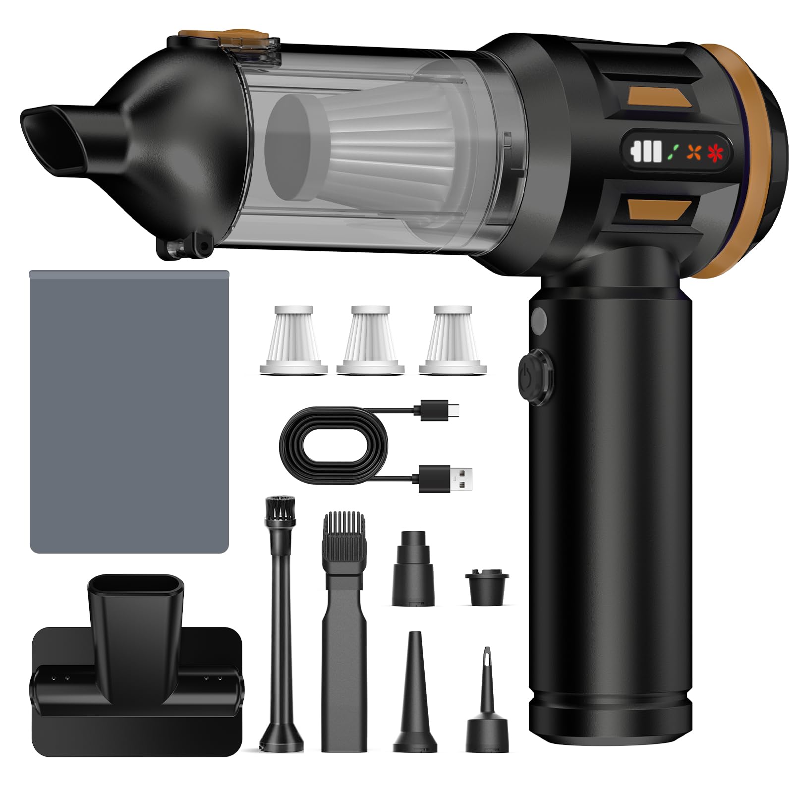 Handstaubsauger Akku, 26000 Pa 4-In-1 Mini Staubsauger Kabellos mit Digitalanzeige 1-Knopf-Selbstentleerung Autostaubsauger 6000mAh 3 Gang Einstellung für Auto, Bürotisch, Tierhaar, Sofa (Schwarz)