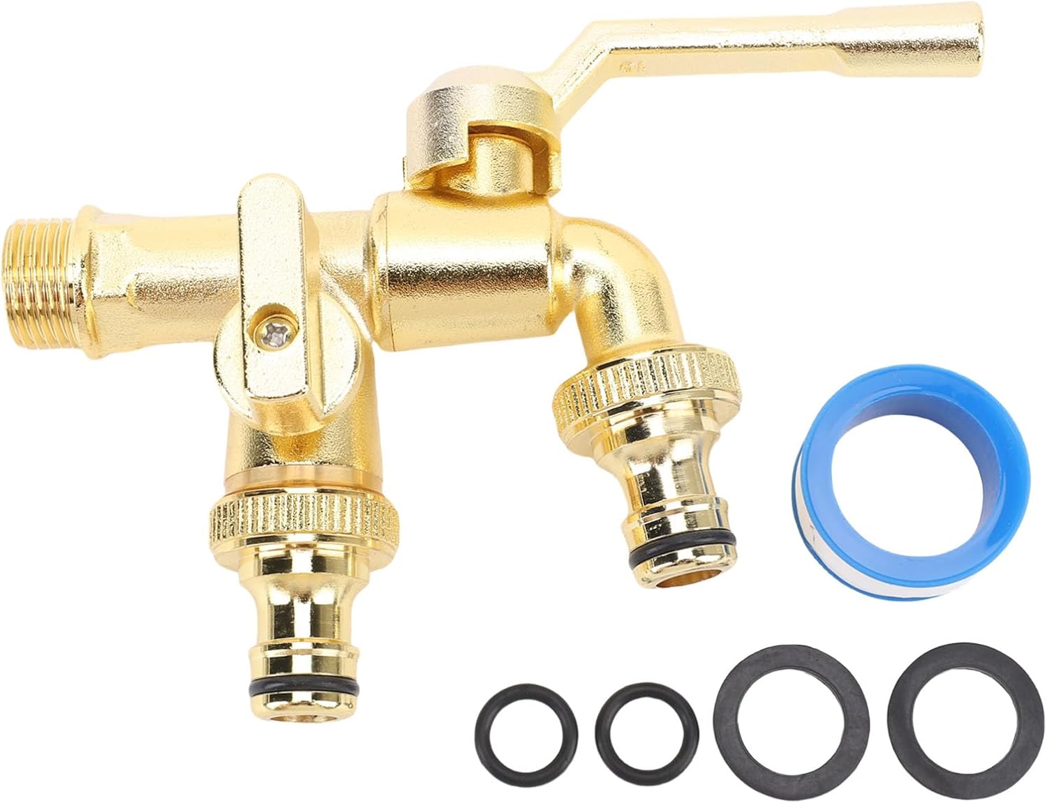 Hilitand 1 in 2 Out Hose Splitter Brass Water Faucet with G1/2 Inlet G3/4 Outlet for Home Garden Irrigation Washing