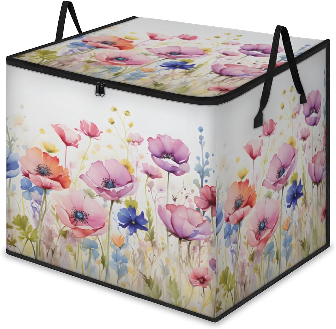 Honeybaby 214L Extra Large Comforter Storage Bag Poppy Lavender Spring Storage Totes with Lids Waterproof Closet Organizer Folding Blanket Storage Bags for Clothes Bedding Pillows