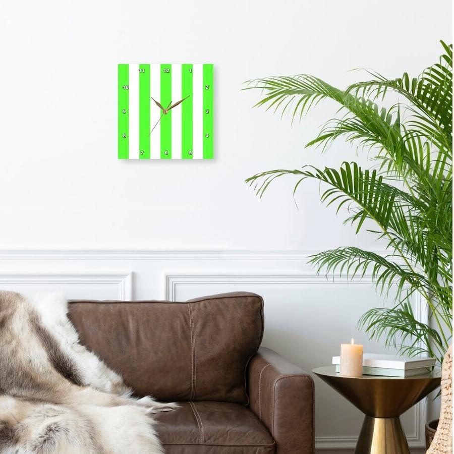 Miniatura 2 de 3dRose Wall Clock Silent - 15 inch - Neon Green and White Stripes Pattern - Vertical Striped Stripy Stripey Retro Traditional Classic - Stripe