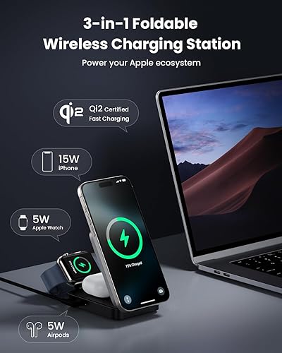 Miniatura 2 de Estación de carga inalámbrica 3 en 1 para iPhone, certificado Qi2 de 15 W, carga rápida, plegable, soporte de cargador magnético con adaptador USB C