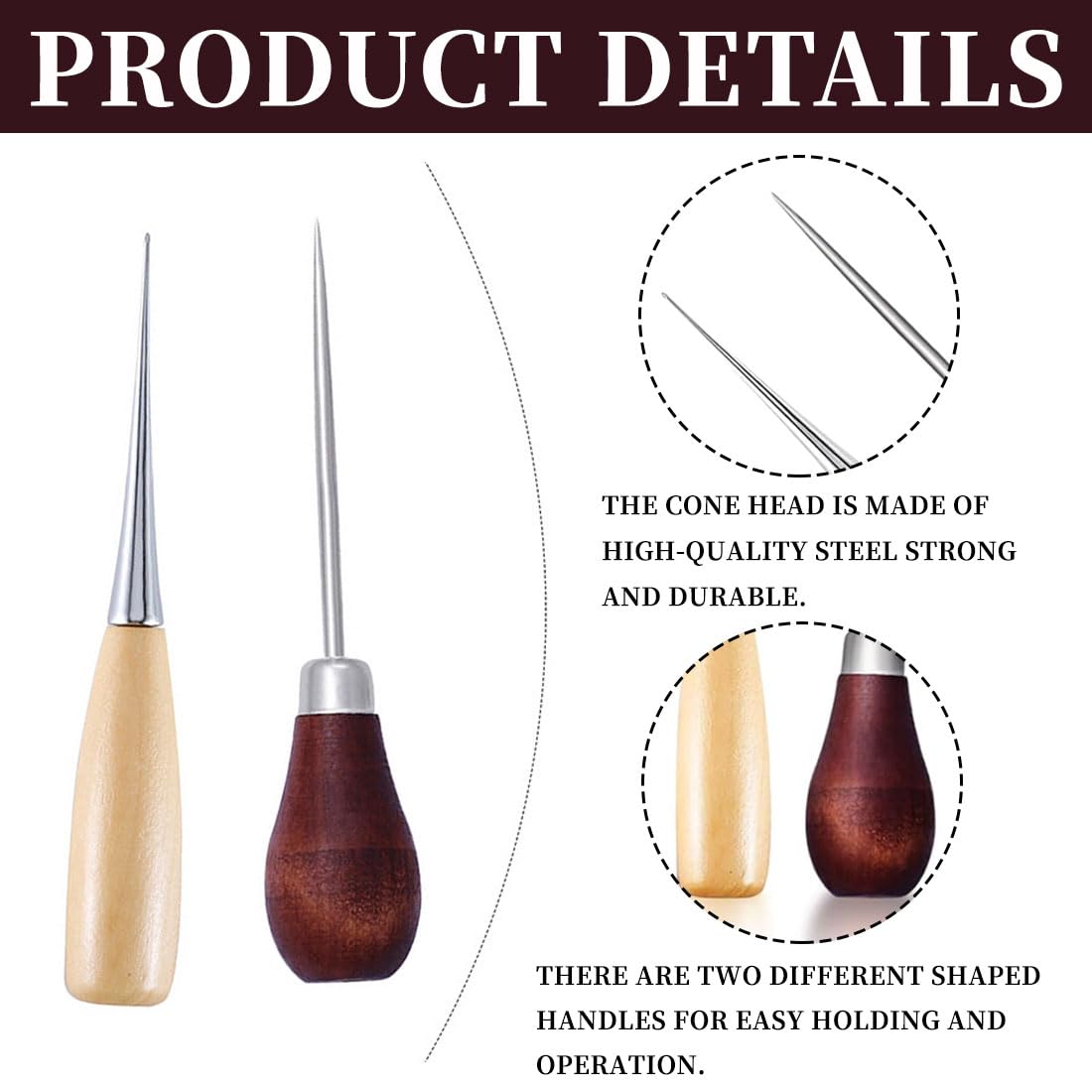 Kit 4 Poinçons à Cuir - Alènes Avec Manche En Bois, Pour Percer Et Coudre Le Cuir Facilement