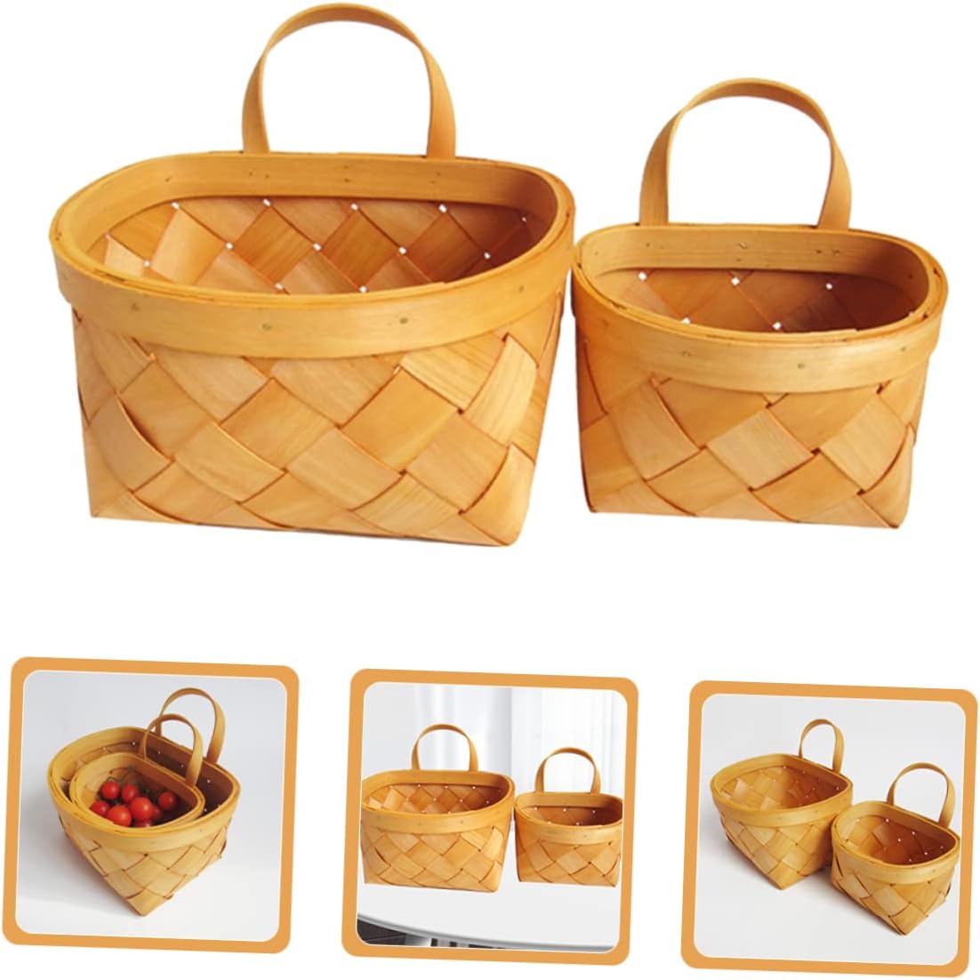 2pcs Woven Wall Baskets Set for Fruits Veggies Storage Rustic Hanging Flower Baskets with Handles for Kitchen Home Organization