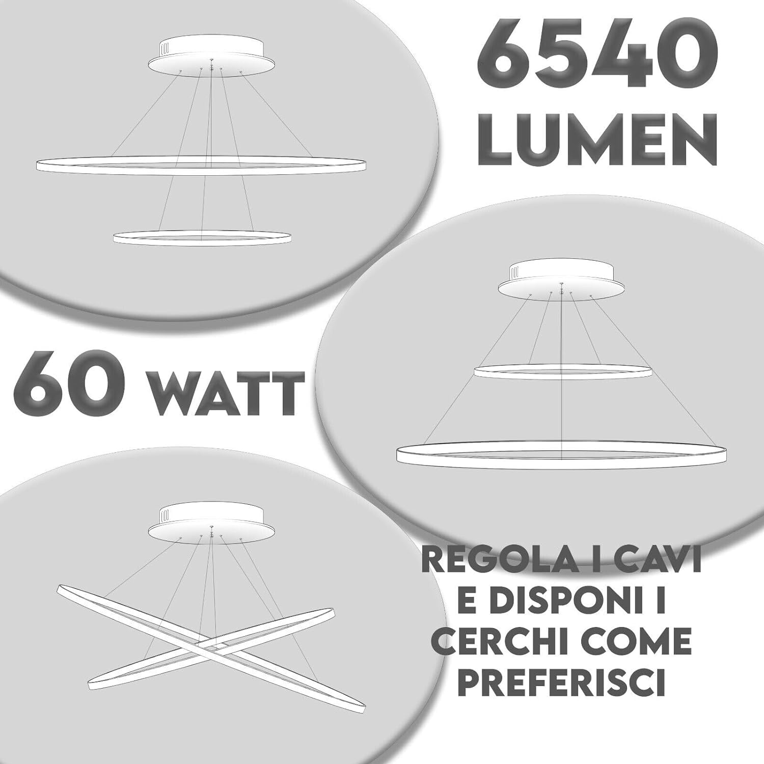 MAKA Lampadario a Sospensione LED | 60W 6540 Lumen Bianco 220V | 2 Cerchi Luce Fredda 6500K | Cavi Regolabili, Facile Installazione | Lampadario Camera da Letto, Soggiorno, Cucina