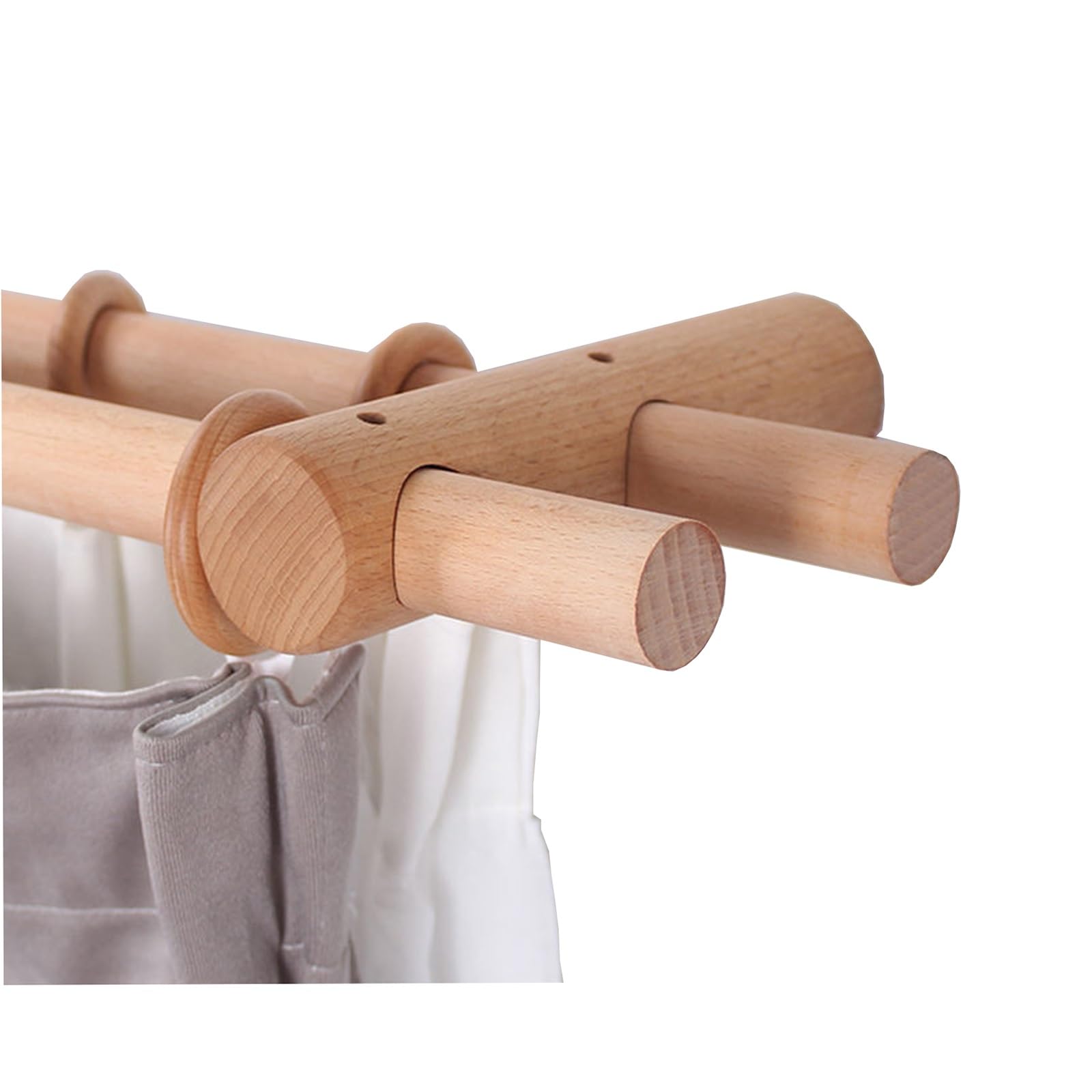 Bastone per tende in legno massiccio spesso, set con doppia asta romana, senza trapano, riutilizzabile, con staffa in legno (210 cm), soluzione elegante e per il trattamento delle finestre