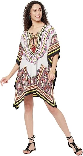 Ukal Women's Print Short Kaftan Dresses, XS-5XL Regular to Plus Size White