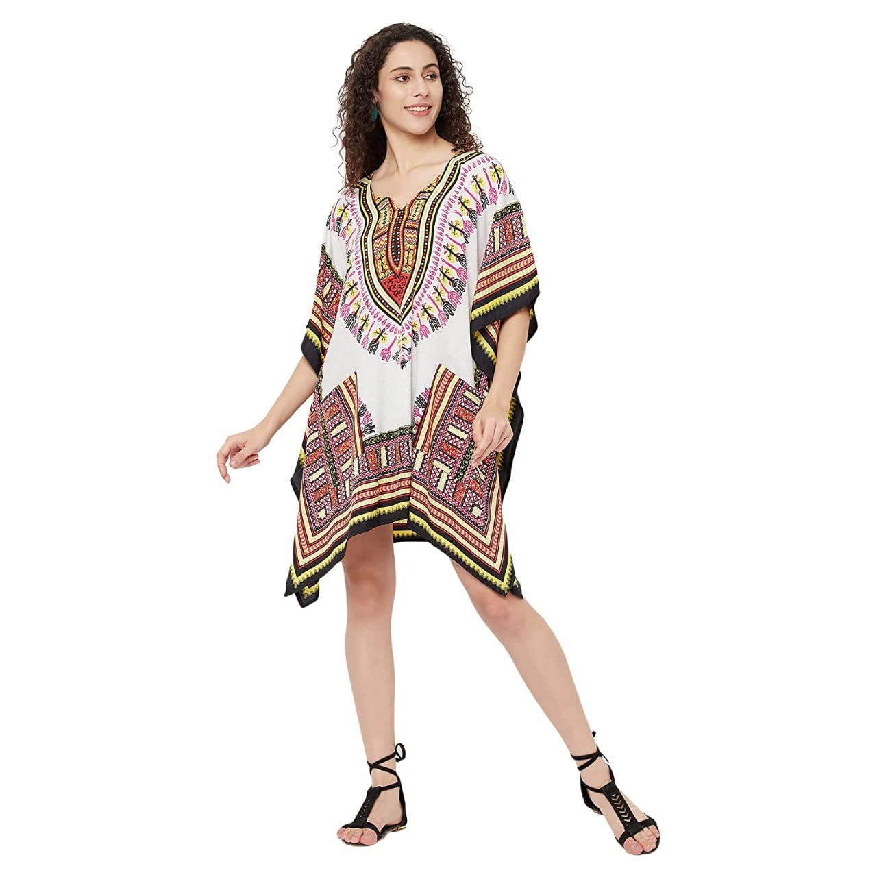 Women's Print Short Kaftan Dresses, XS-5XL Regular to Plus Size White