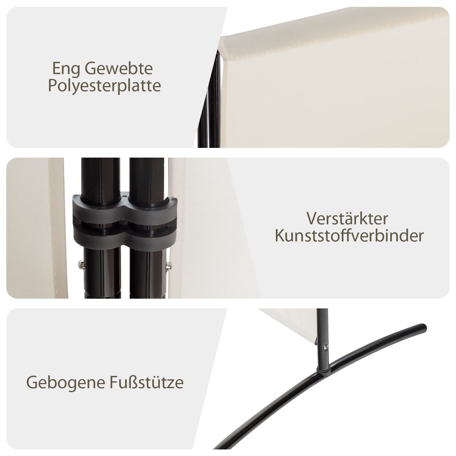 GOPLUS Paravent, Raumteiler zum Sichtschutz, Trennwand aus Stoff & Metall, Undurchsichtige Stellwand, Stabil mit Stützfüßen, Leichtes Verstauen, für Garten Balkon Büro (3-teilig, Weiß)