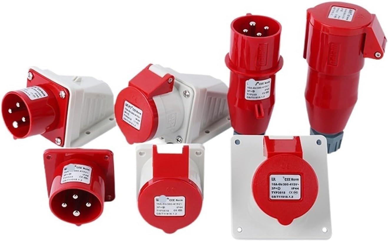 Industrial 4-Pin IP44 Red 16A 400V Round Power Butt Wall Mount Socket Inlet Connector Suitable for Aerospace Car KL4-5b(Male Plug Set1)