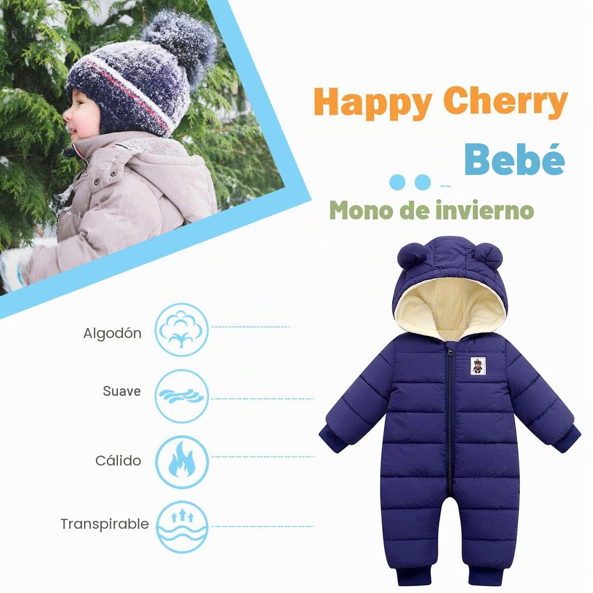 Happy Cherry - Bebé Mono Acolchado Mameluco con Capucha Niño Niña Ropa de Una Pieza Mangas Largas Chaqueta Invierno Cálido Pelele Entero para Outdoor Aire Libre - 6-36 Meses