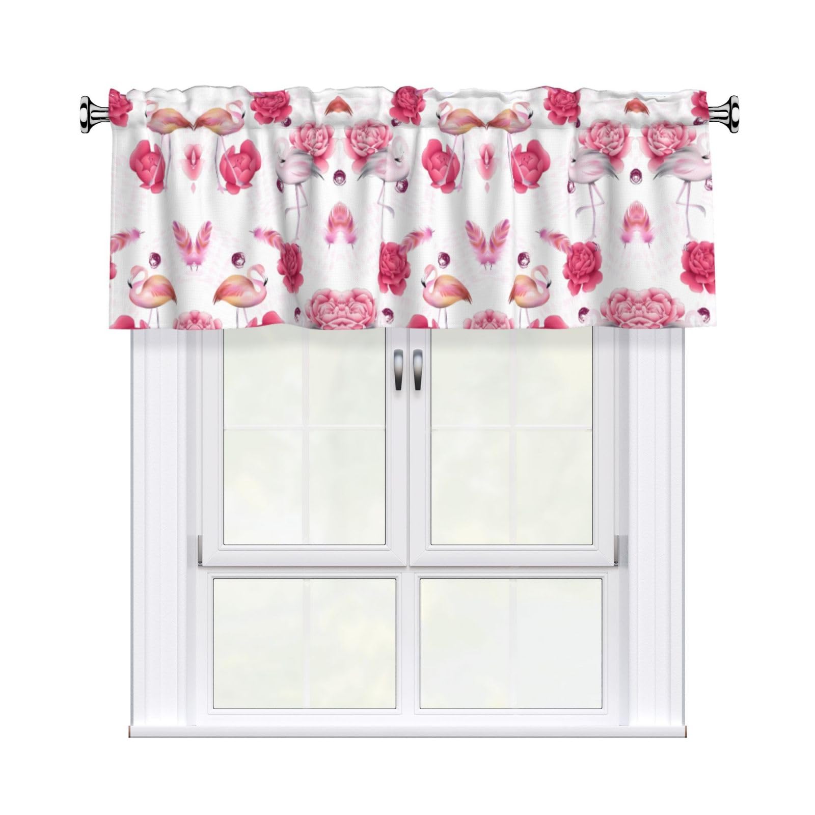 WHJSHOP Pink Flamingos Prints Curtain Valance 54x18 Inch - Peach Skin Window Layer with Delicate Print, Filtered Light for Kitchen Use