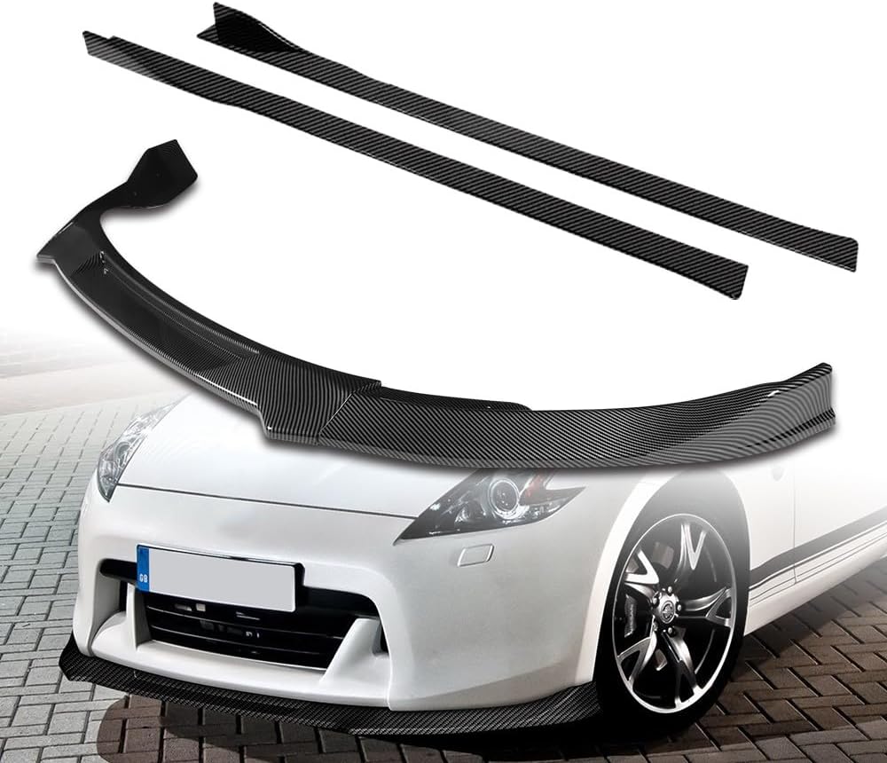 9pcs Combo Front Bumper Body Kit Lip + Side Skirt Extensions Diffuser Compatible with 2009-2012 Nissan 370Z Z34 2010 2011 (Painted Carbon)