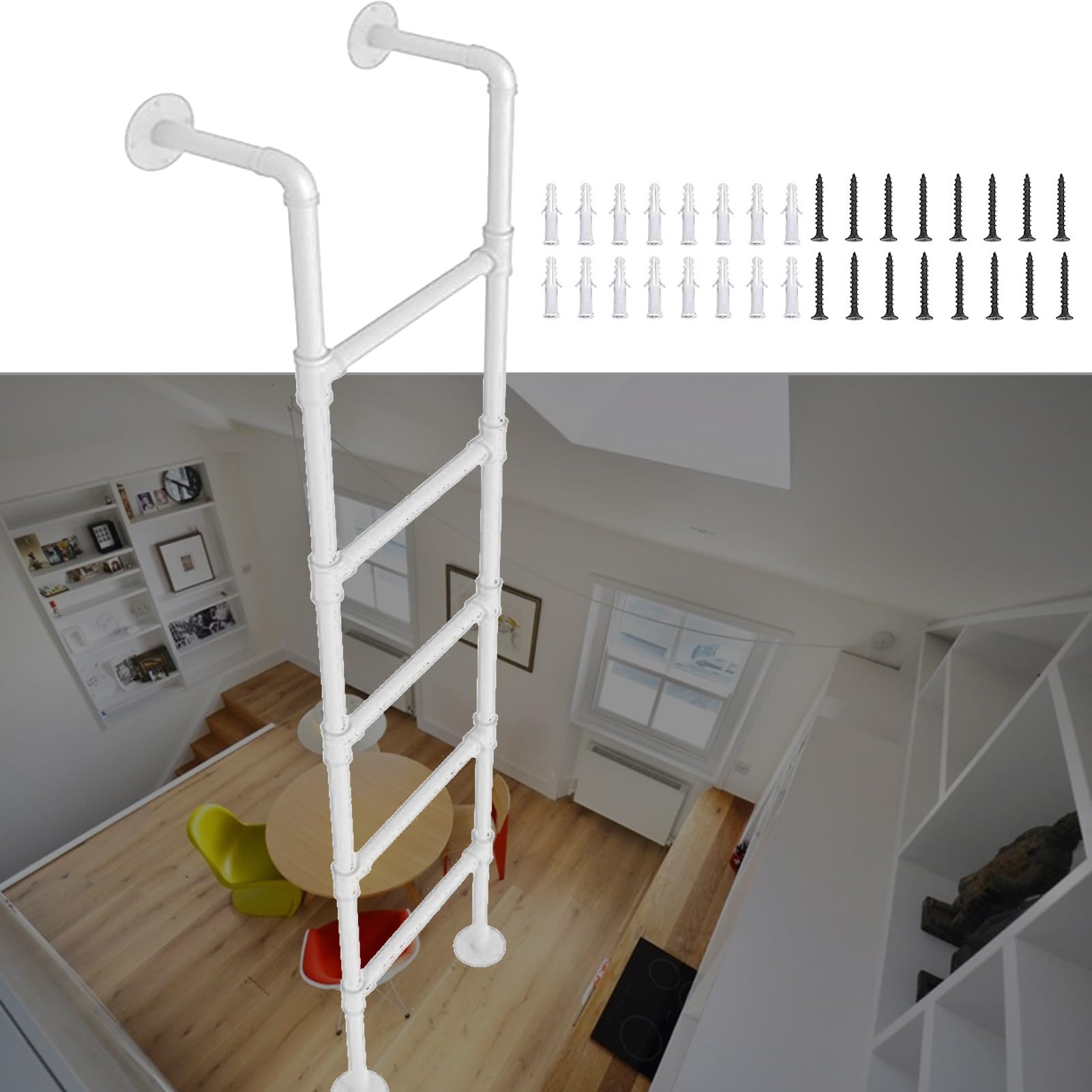 Window Well Ladder 4.8-12.5ft Height Attic Loft Stairs Kit. White Wrought Iron Basement for Library RV