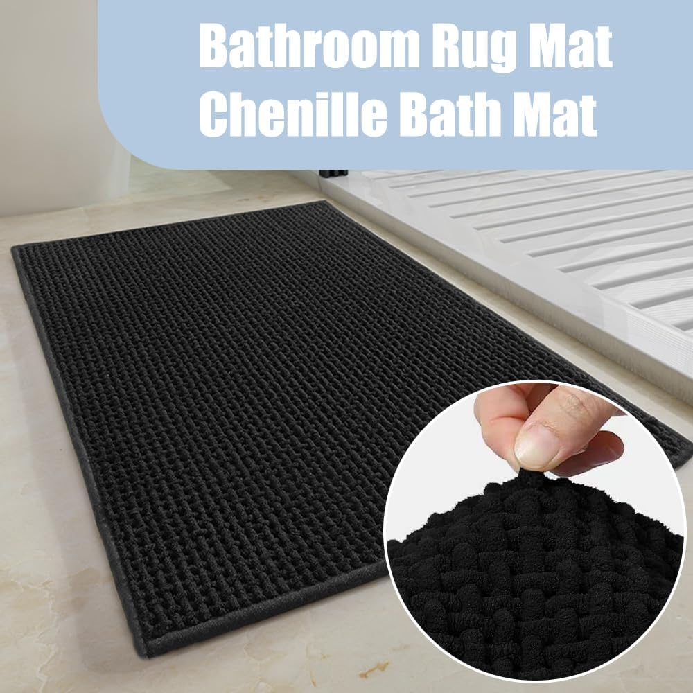 Bathroom Rug Mat, Chenille Bath Mat with Non Slip Rubber Backing Soft and Absorbent Quick-Dry Runner Rug for Bath Floor Tub and Shower Floor Black 17"x40"