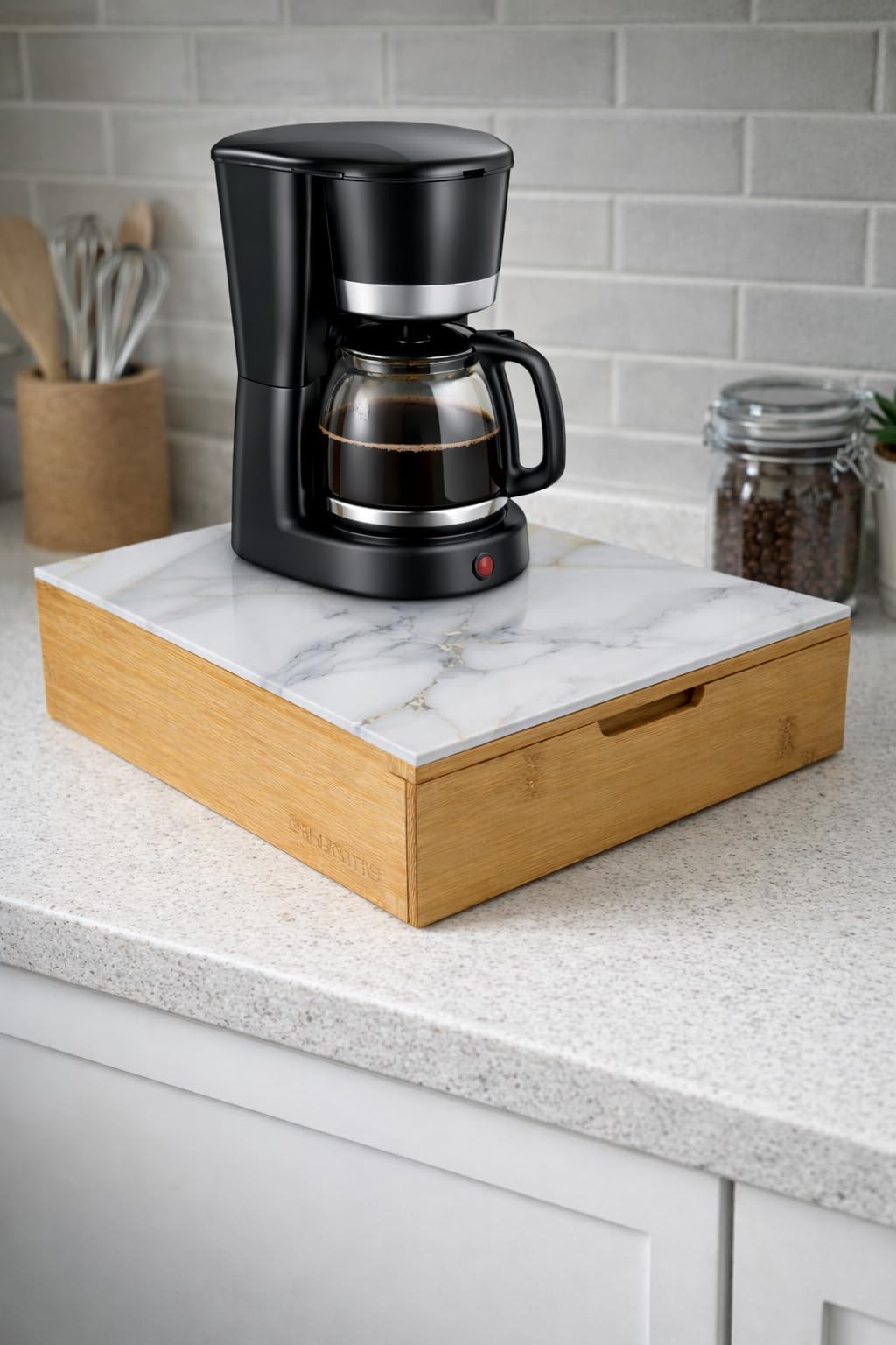 Porta Capsule Caffè con Cassetto in Bambù e Vetro Temperato Effetto Marmorizzato 30x30x10 cm - Supporto Macchina Caffè Salvaspazio