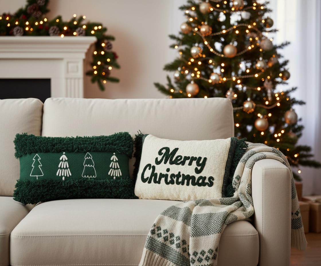 Juego de 2 fundas de cojín decorativo navideño | Fundas de cojín | Cojín decorativo | Árboles de Navidad | Fiesta de Navidad | 30x50 y 35x50 cm | 100% Algodón y Policotton | Verde y