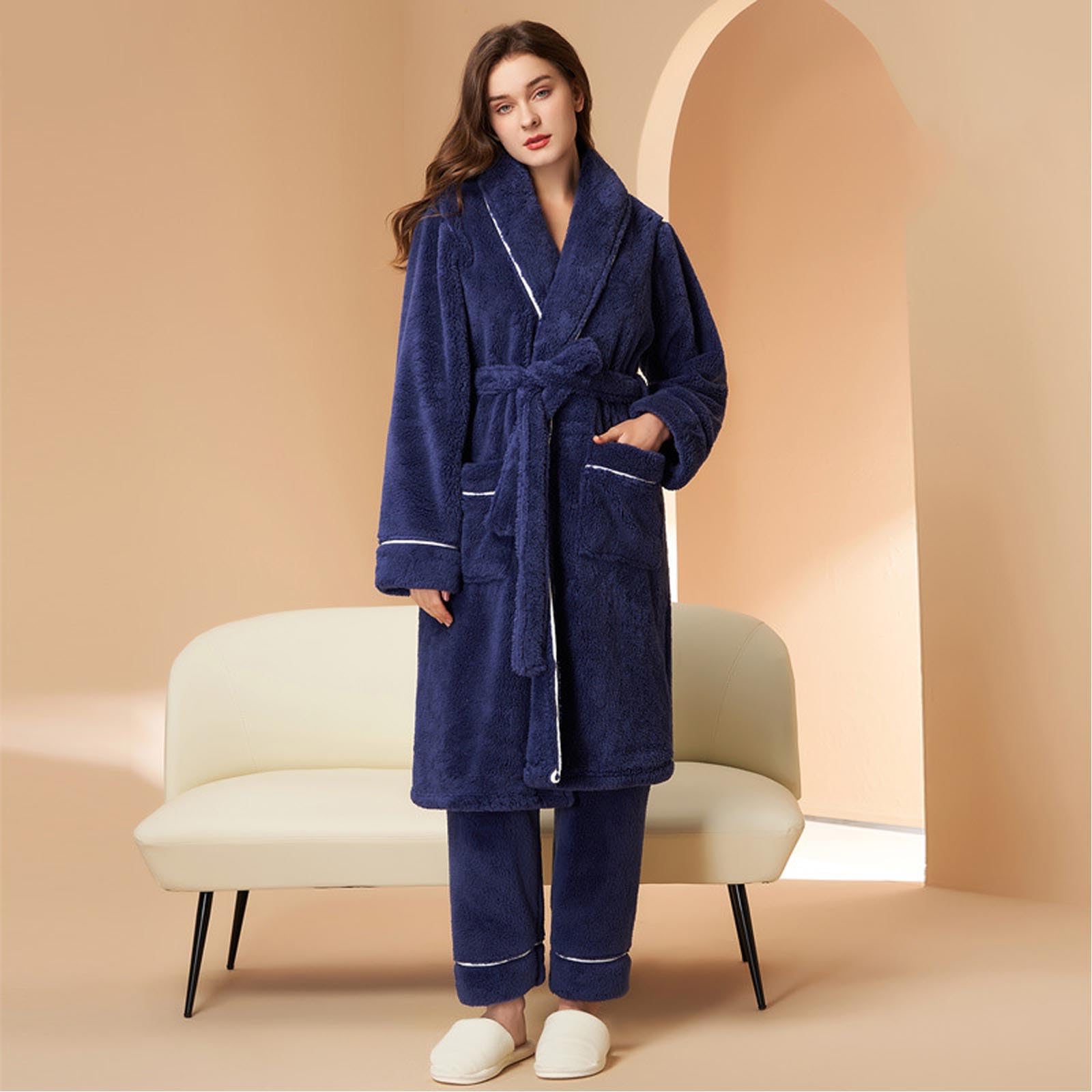 Generisch Albornoz de franela para mujer, cómodo pijama simple de forro polar de coral, albornoz de secado rápido, bata de casa con cinturón, para invierno, albornoz largo y grueso para sauna, poncho
