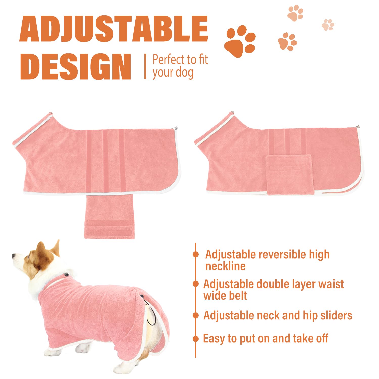 Peignoir pour chien – Serviette à séchage rapide – Peignoir en microfibre super absorbant pour animal domestique, col réglable et sangle ventrale (rose, taille XXXL)