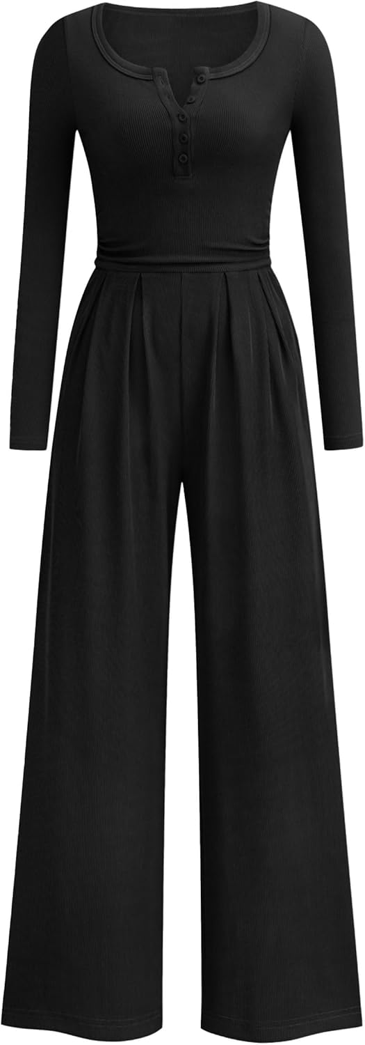 PRETTYGARDEN Jumpsuits for Women Dressy Casual 2026 Fall One Piece Outfits Long Sleeve Wide Leg Pants Romper Fashion Clothing