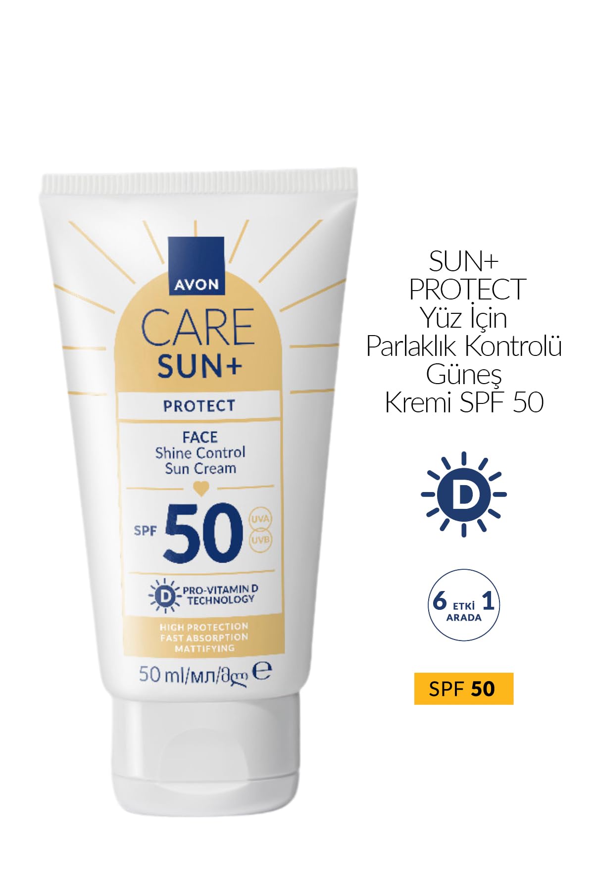 Avon SUN+ PROTECT Yüz İçin Parlaklık Kontrolü Güneş Kremi SPF50 50 Ml.
