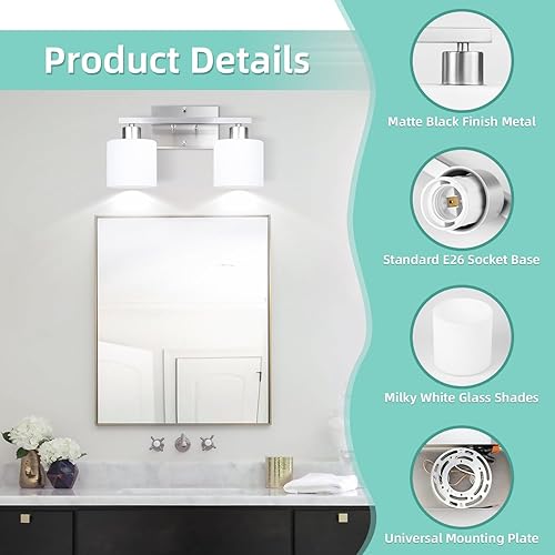 Miniatura 2 de SILAMPDI Accesorios de iluminación de baño sobre espejo de níquel cepillado, modernas lámparas de tocador de 2 luces, apliques de pared para