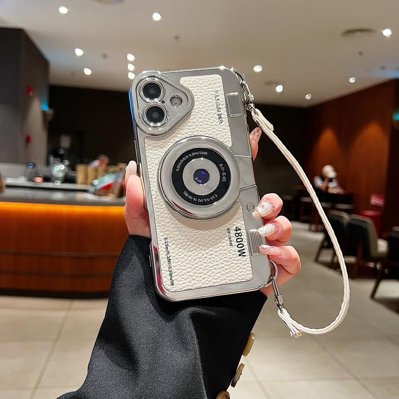 Image of LuxuryKase Retro Vintage Camera Style Case for iPhone 16 | 3D Lens Design | Hand Strap | PU Leather Finish | Soft TPU Edge | Stylish Fashion Cover - White