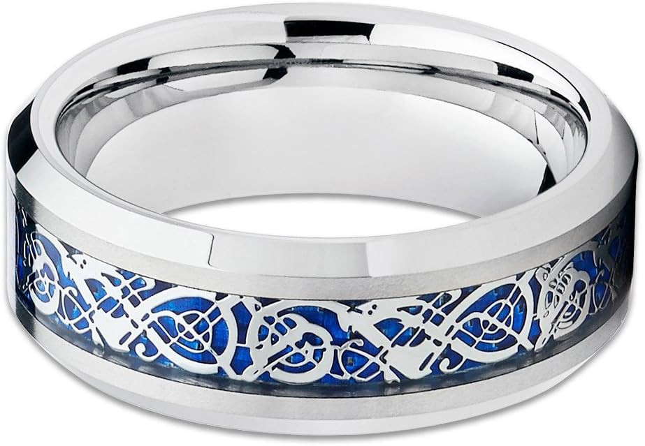Silly Kings 8mm Tungsten Carbide Wedding Band Blue Dragon Design Comfort Fit Men & Women Band