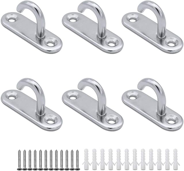 JaneYi (6 Pack) Stainless Steel 304 Ceiling Hooks M5 Oval Open Hooks Pad Eye Plate Anchor Heavy Duty Screw Wall Mount Hook for Hanging Lamp Plant Basket Ceiling Fan Tool Marine Deck Hardware