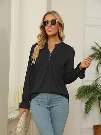 BOTHENIAL Casual Tops for Women Long Sleeve Shirts Dressy V Neck Henley Buttons Work Top Blouses Tunic