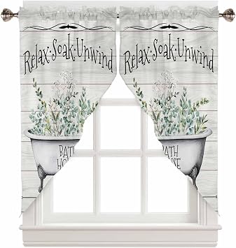 Bathtub Eucalyptus Leaves Swag Valances for Windows, Decorative Topper Swag Curtains, Farmhouse Botanical Wooden Short Curtains for Small Window Bedroom/Bathroom Curtain Drapes 28"x36"x2