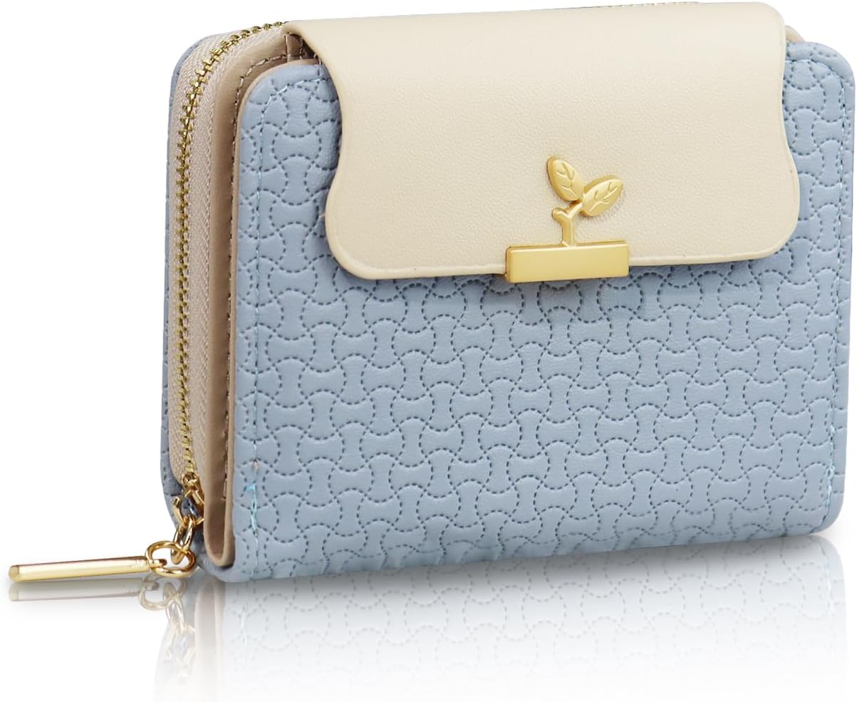 Bifold Womens Wallet, Leaf Snap Card Holder Wallet Cute Small Wallets for Women with Zipper Coin Pocket ID Window (Blue)