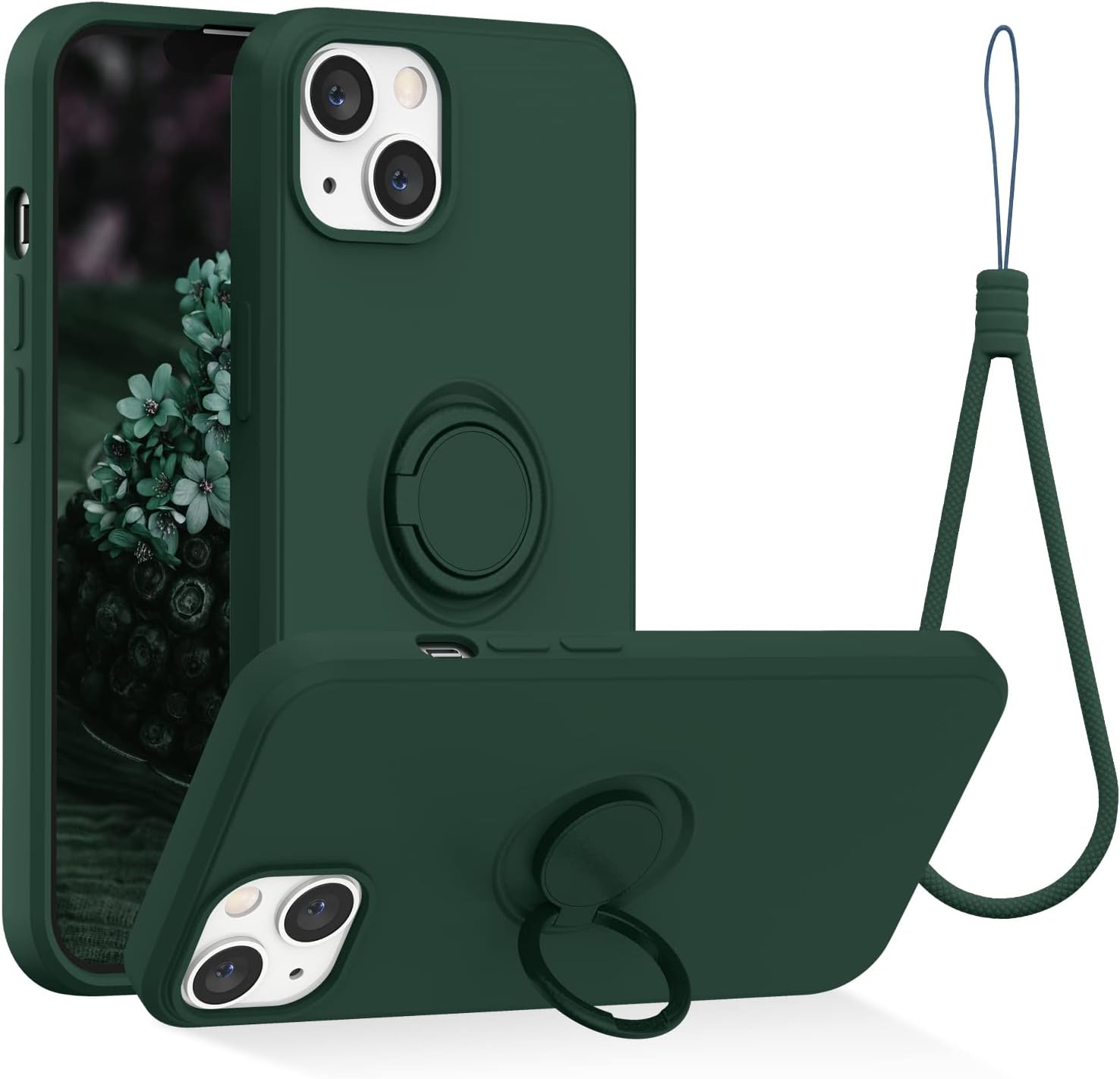 ABITKU Compatible with iPhone 13 Case, Silicone with 360°Ring Kickstand Holder (Support Magnetic Car Mount) Soft Silk Microfiber Cloth Fully Coverage Designed for iPhone 13 6.1 inch 2021 (Army Green)