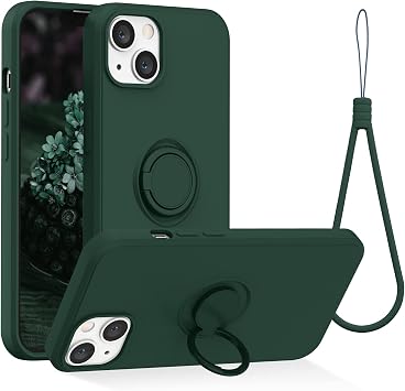 Compatible with iPhone 13 Case, Silicone with 360Ring Kickstand Holder Support Magnetic Car Mount Soft Silk Microfiber Cloth Fully Coverage Designed for iPhone 13 6.1 inch 2021 Army Green