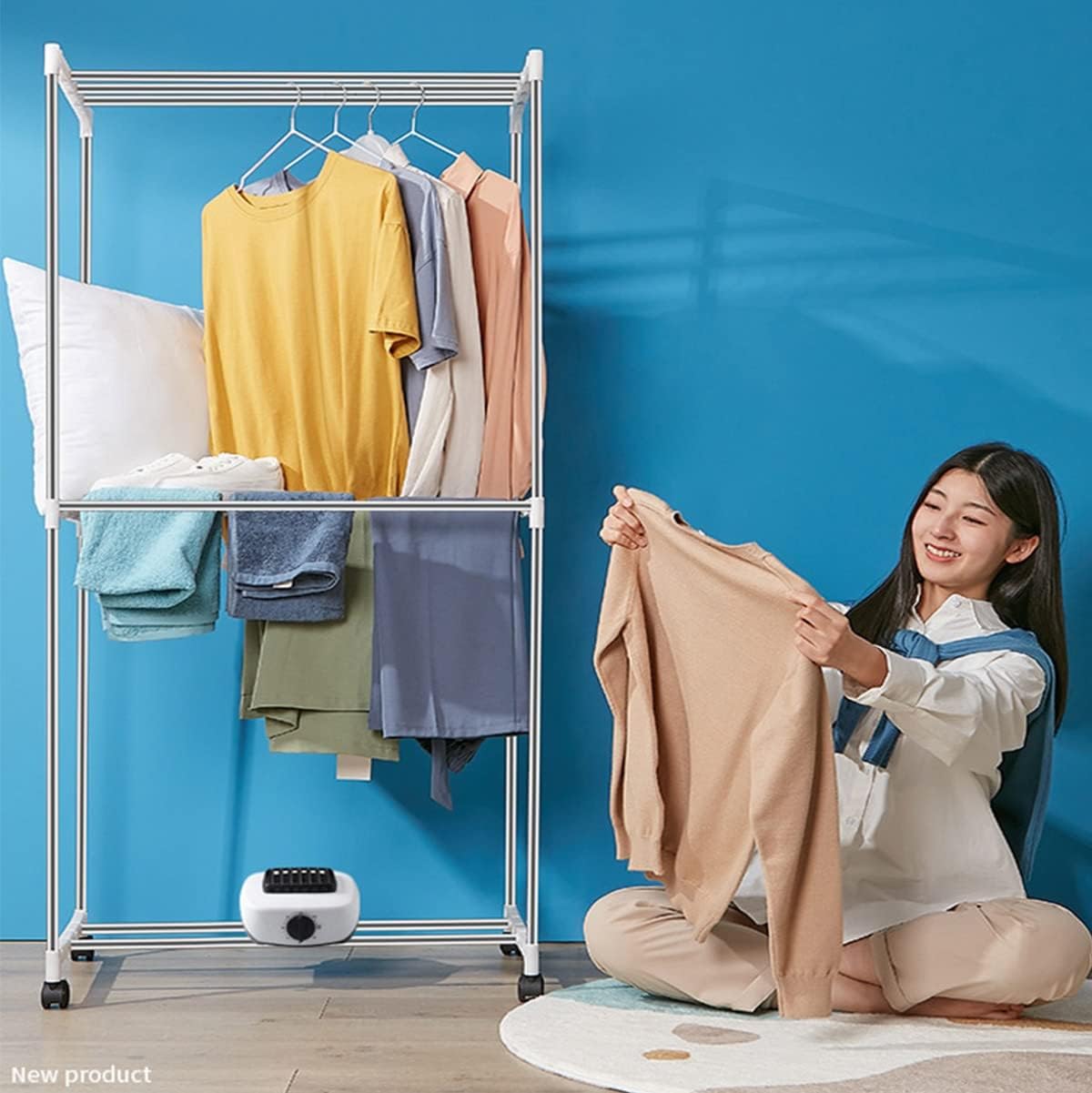 Electric Portable Dryer for Clothes,Double Layer Stainless Steel Rack Clothes Drying Rack,Adjustable Timer (Color : A)