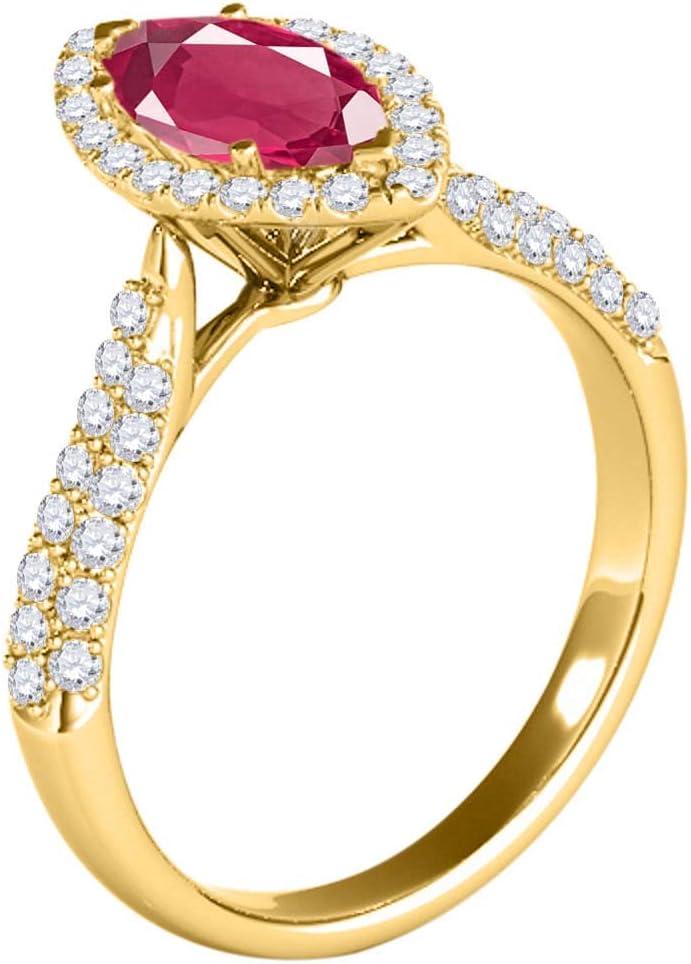 MauliJewels Rings for Women 0.87 Carat Elegant Look Diamond And Marquise Shape Created Created Ruby Ring pave 10k Yellow Gold